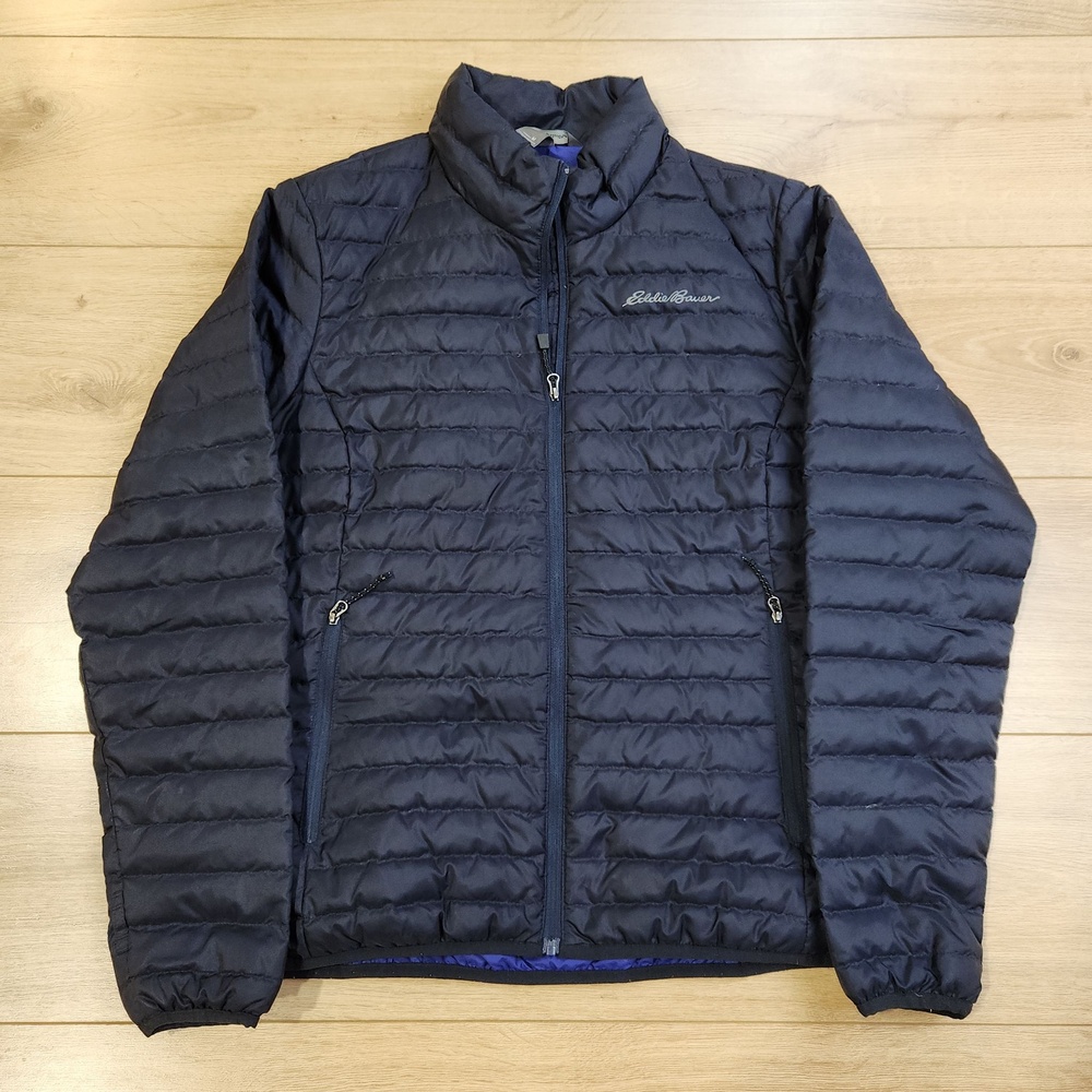 Eddie Bauer Down Jacket Womens Medium Blue Quilted Puffer Full Zip Lightweight